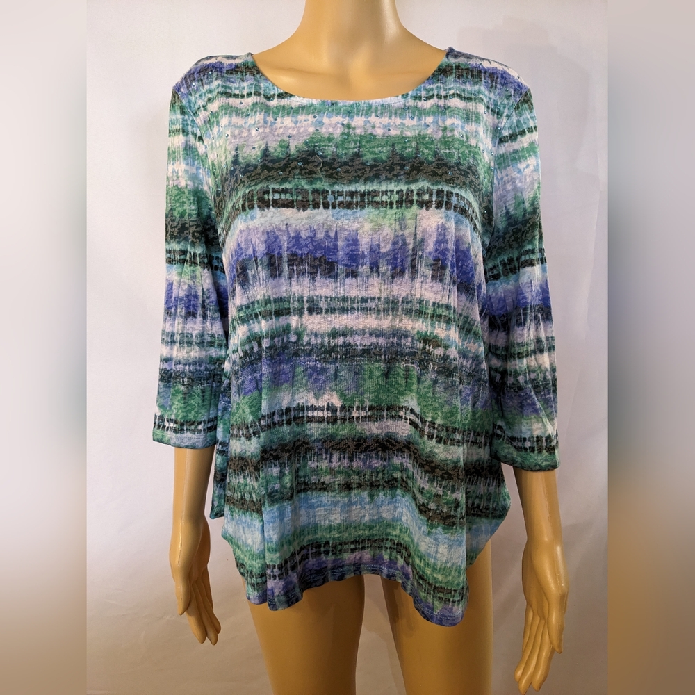 Women’s Abstract Stripe Tunic Top 3/4 Sleeve Blue Green Scoop Neck Blouse, T1A